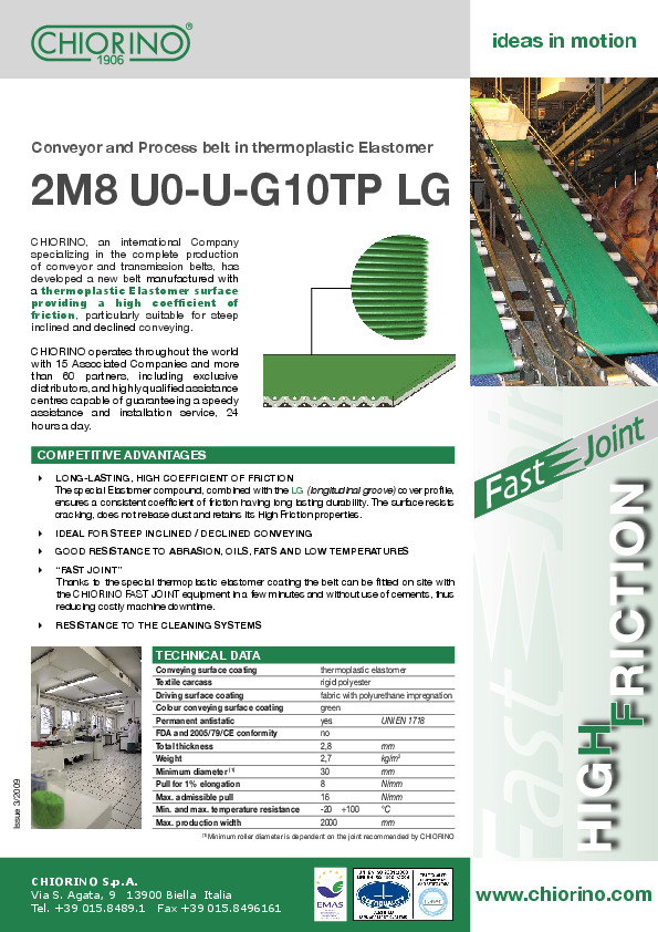 High friction thermoplastic conveyor belt 2M8 U0-U-G10TP LG